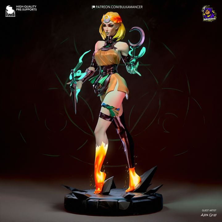 a female warrior figure, characterized by a celestial aesthetic with flame-like effects on her legs and glowing teal accents