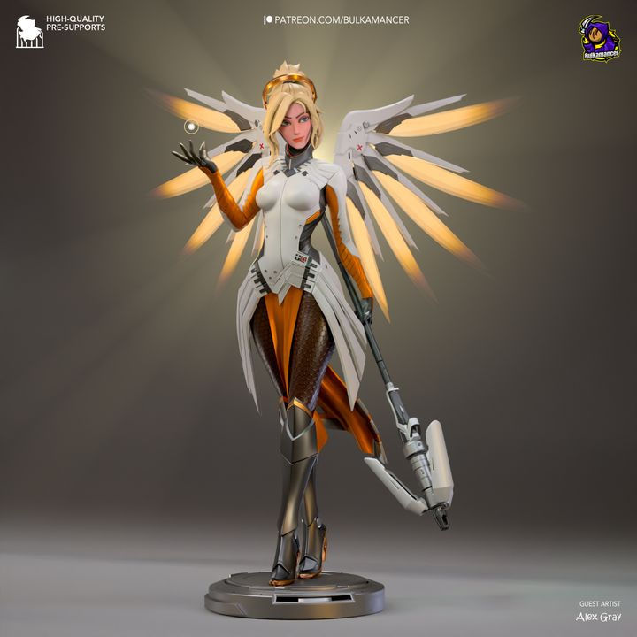 detailed 3D model of the Overwatch character Mercy, standing with her staff in her left hand, her glowing wings outstretched,