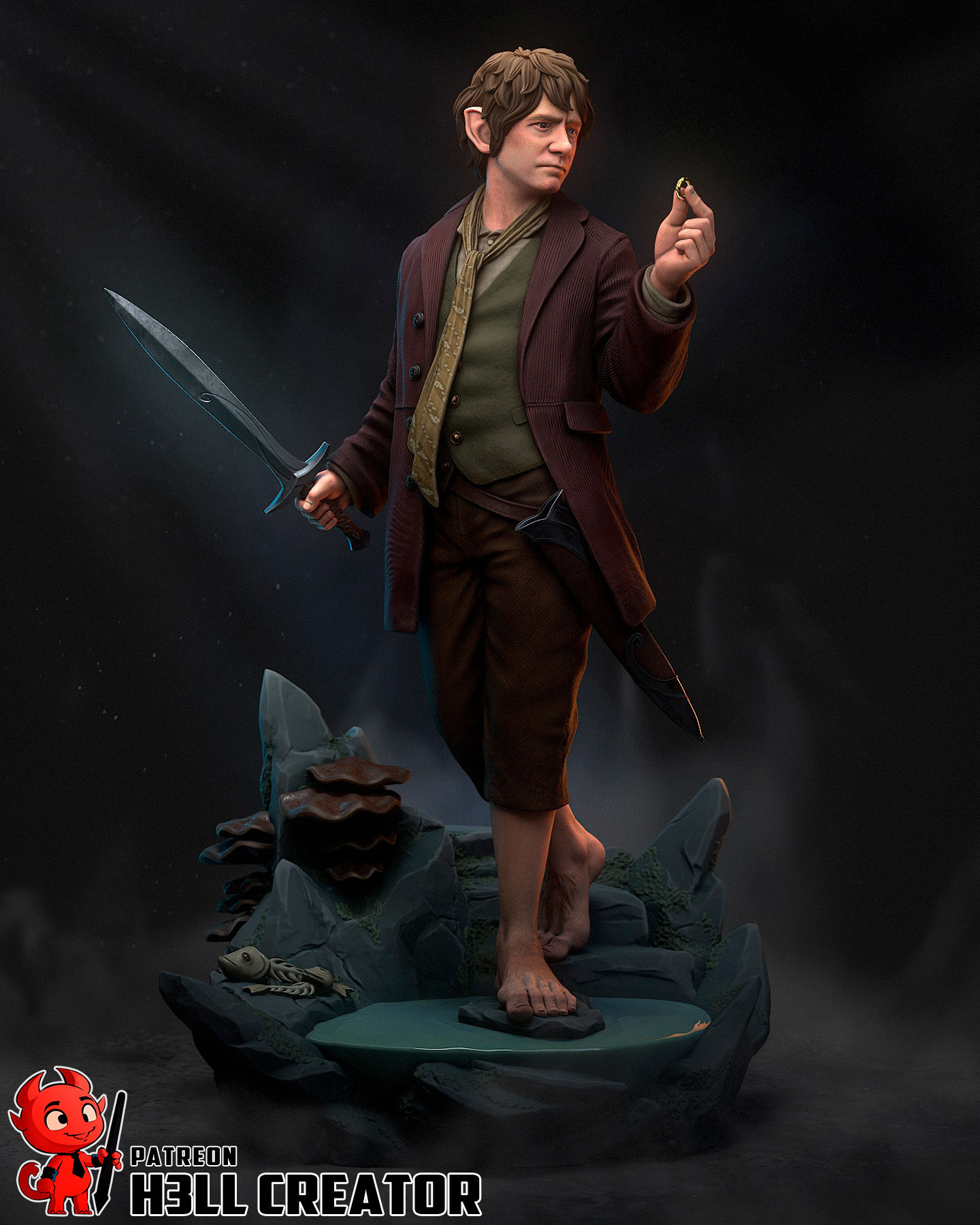 a detailed figurine of a hobbit character, holding a sword and examining a golden ring, standing barefoot on a rocky base