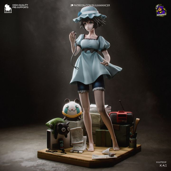 an anime-style girl in a light blue dress and hat, standing barefoot on a wooden base adorned with various props.