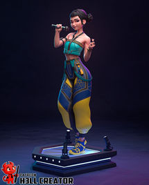 a young female singer mid-performance, dressed in vibrant, contemporary clothing with a unique, stylized aesthetic