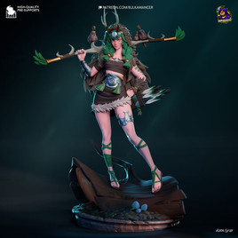 a forest-themed female character , posing confidently on a textured wooden base, and embellished with nature inspired element