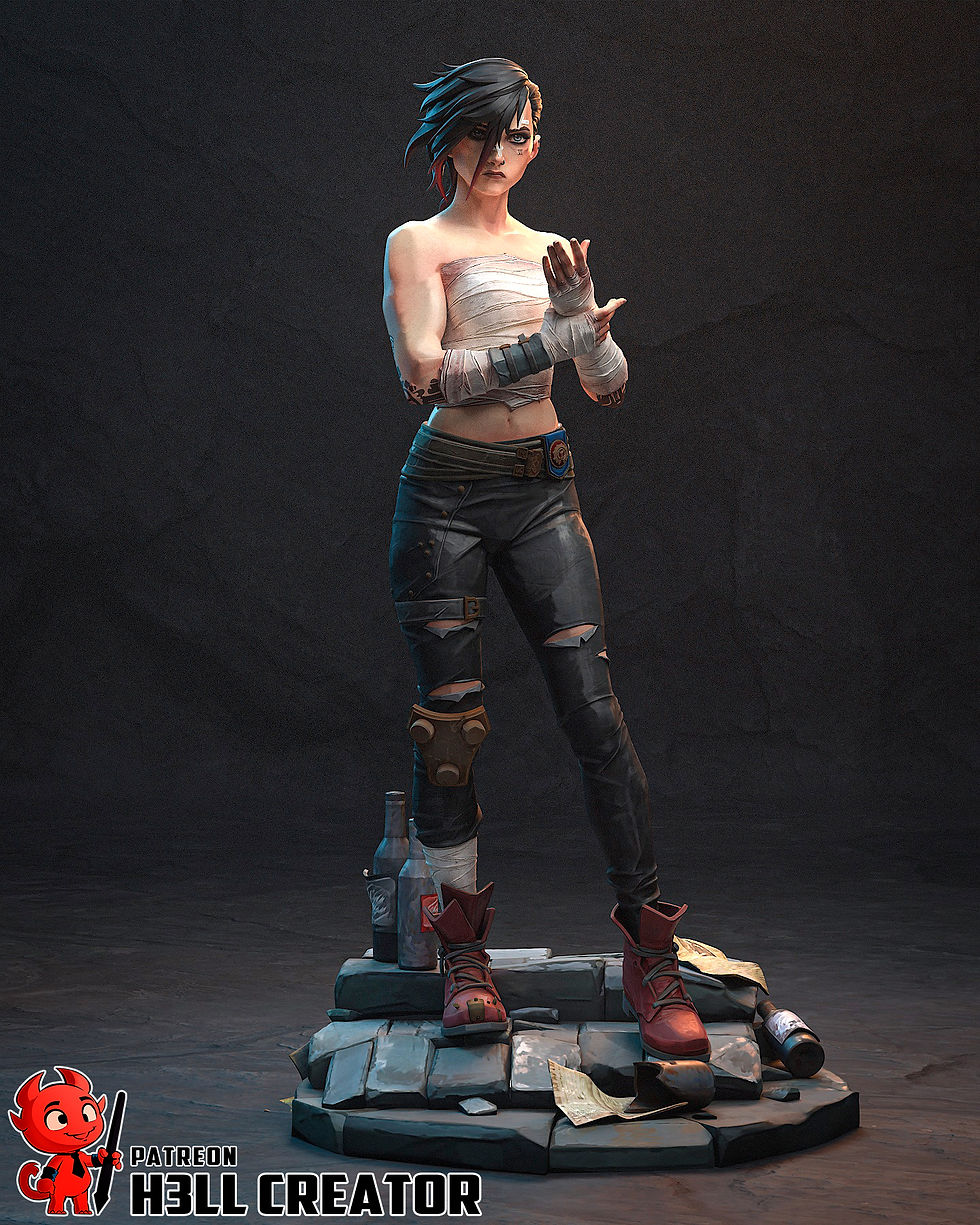 Thumbnail: a determined female character with bandages wrapped around her chest and hands, dressed in ripped dark clothing