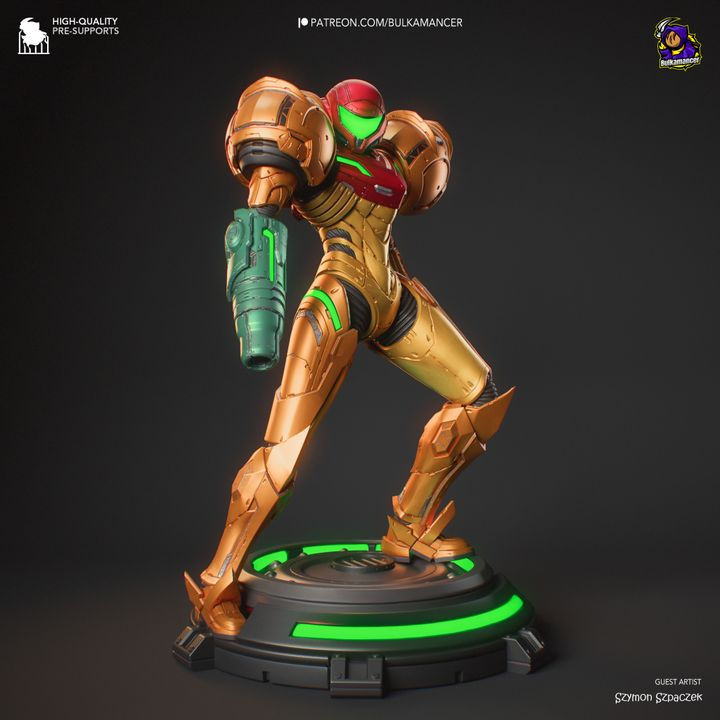 Samus Aran, a bounty hunter from the video game series Metroid, standing in a heroic pose, holding her signature arm cannon.