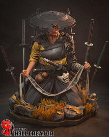 f a samurai warrior, holding a piece of cloth. The samurai is surrounded by swords and stylized foliage