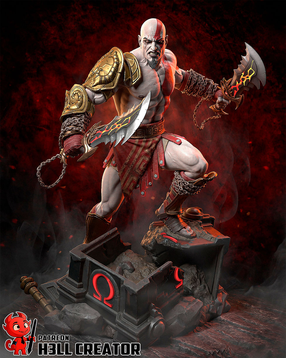 Kratos, the formidable Spartan warrior, depicted in a powerful battle-ready stance with his signature flaming Blades of Chaos