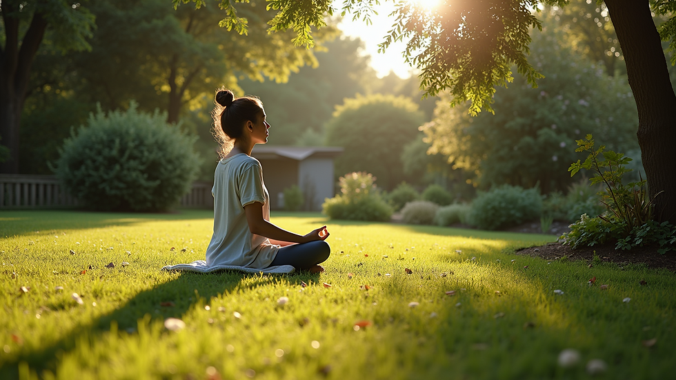 High angle view of a peaceful garden with a person sitting quietly, practicing breathwork