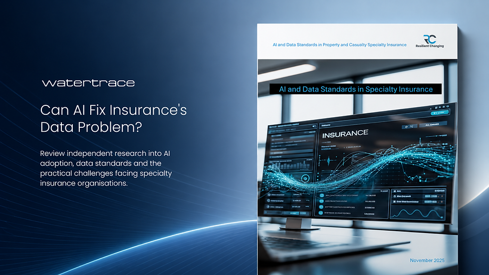 2025 AI and Data Standards in Specialty Insurance market study report cover on a modern blue technology background.
