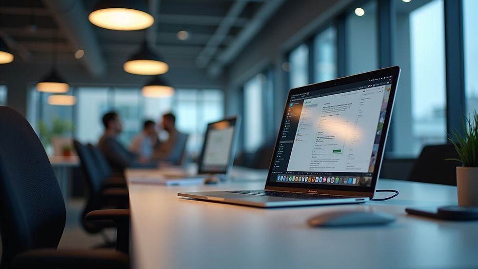 Eye-level view of a modern office workspace with multiple digital devices