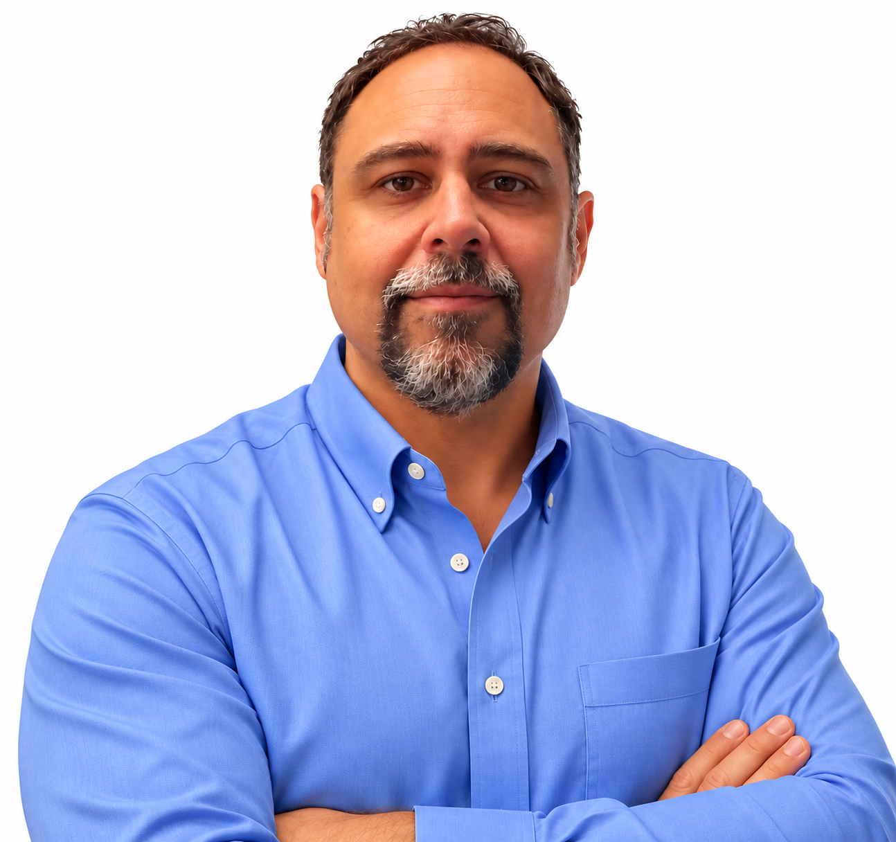 Alex from Down The Street I.T., in a blue button-down shirt against a white background