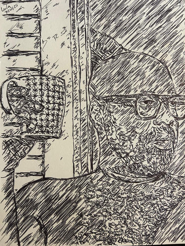 R
Portrait masculin introspectif tenant une tasse de café, dessin contemporain à l’encre noire par l’artiste Laula – Atelier Laula.

EN
Introspective male portrait holding a coffee cup, contemporary black ink drawing by artist Laula – Atelier Laula.