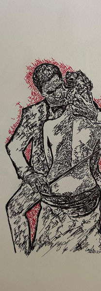 Couple enlacé avec violon, art figuratif contemporain — Embracing couple with violin, contemporary figurative fine art.