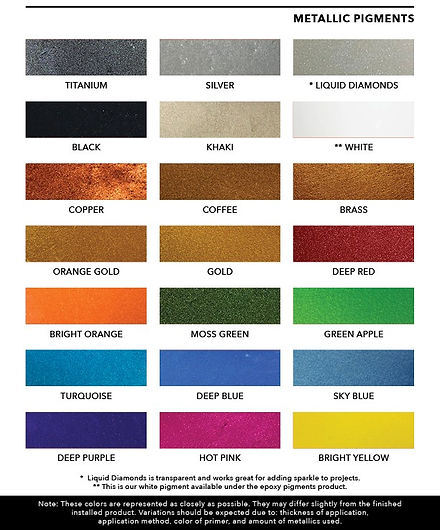 Metallic pigments color chart: Titanium, Silver, Graphite, Black, Gold, Off White, Copper, Bronze, Brown, Burnt Sienna, Olive Green, Dark Green, Bright Orange, Hot Pink, Sky Blue, Light Blue, Electric Purple, Bright Yellow