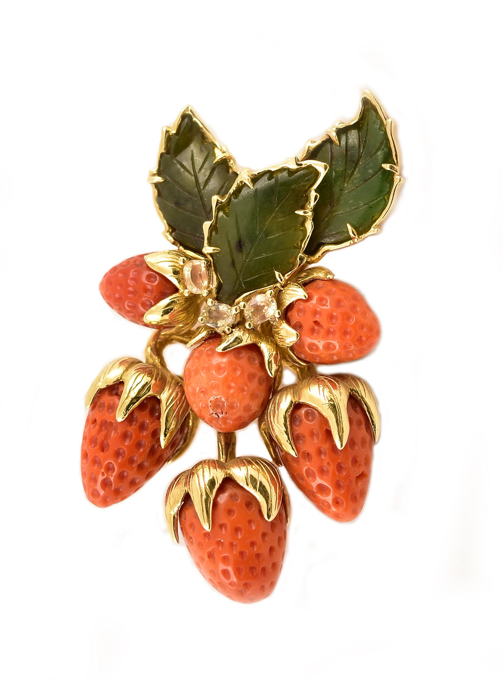 Coral Strawberry & Jade Brooch