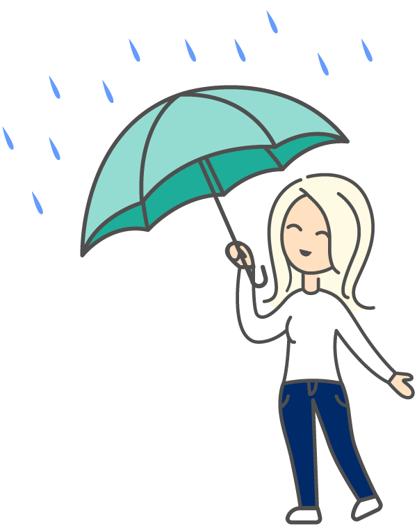FloodPrice's mascot Dory happily holding an umbrella in the rain.