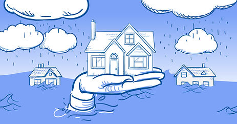 A hand lifts a house from a flooding neighborhood, protecting it.