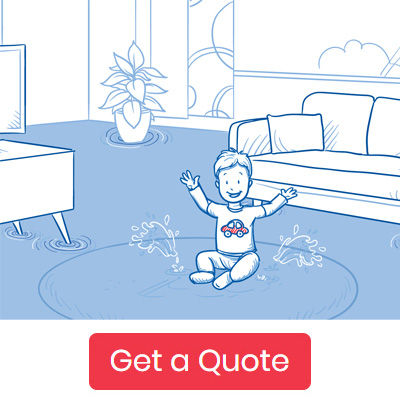Little boy splashing in a flooded living room over a Get a Quote button.