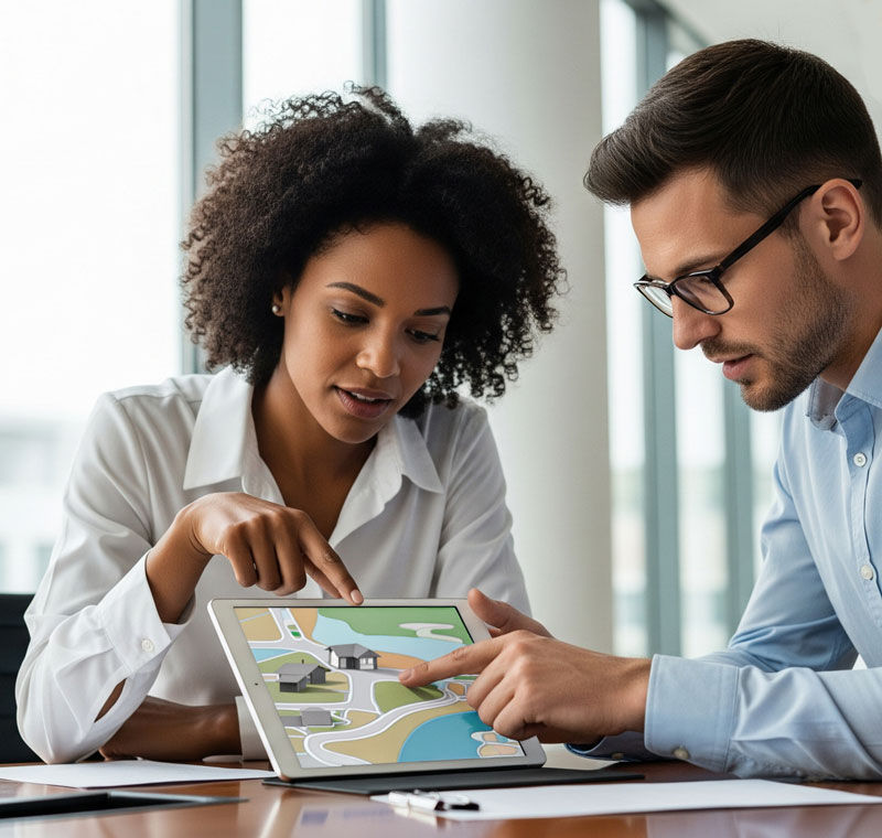 An insurance professional explaining flood zone a, pointing to a map on a tablet
