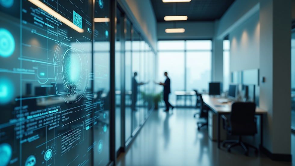 High angle view of a futuristic office with AI technology integration