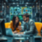 Image of a Strategy Session with two people. Use real people in a highly technological env