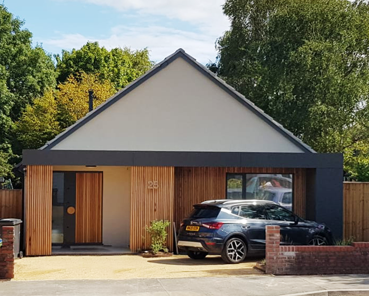 Renovation and extension to a bungalow in Bristol, which adds a new contemporary frontage to the house.