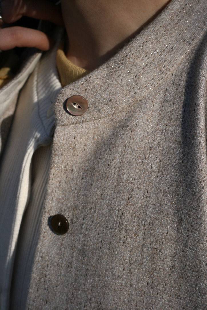 sustainable wool lame mix stand collar jacket