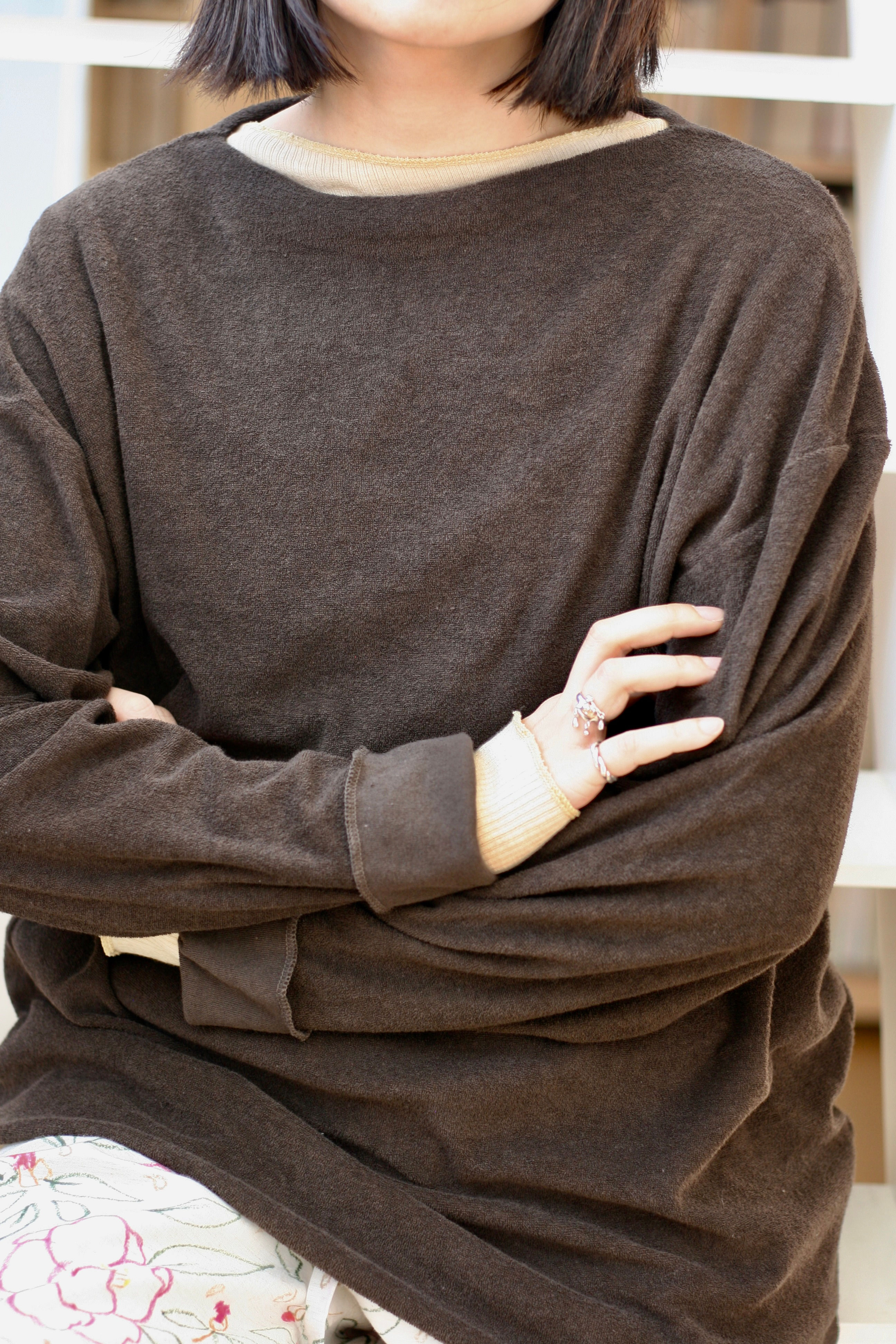 cotton linen pile slash neck long tee