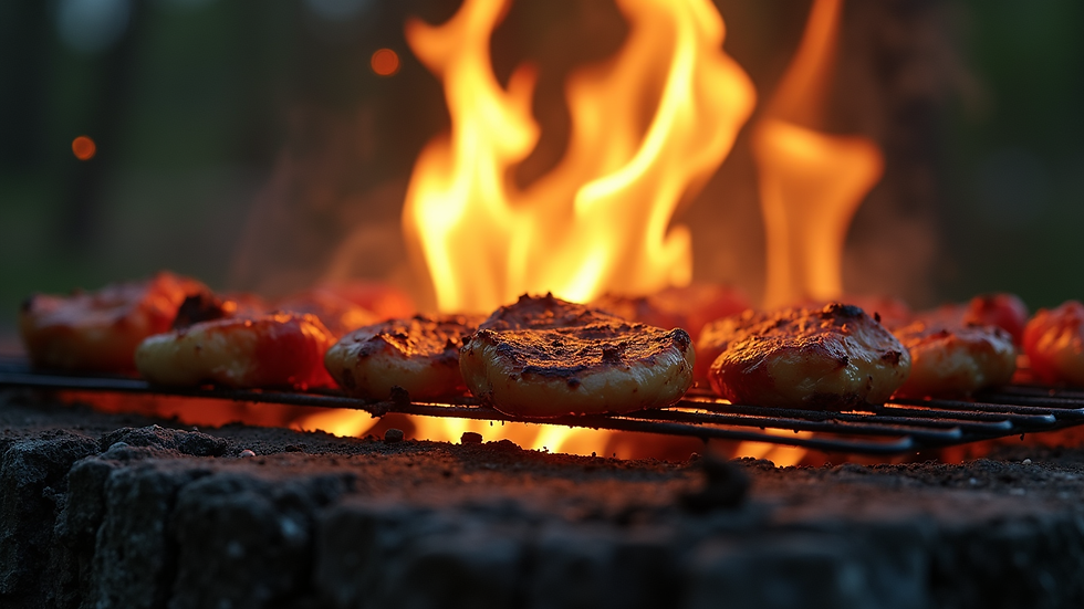 Close-up view of a campfire with sizzling food on a grill