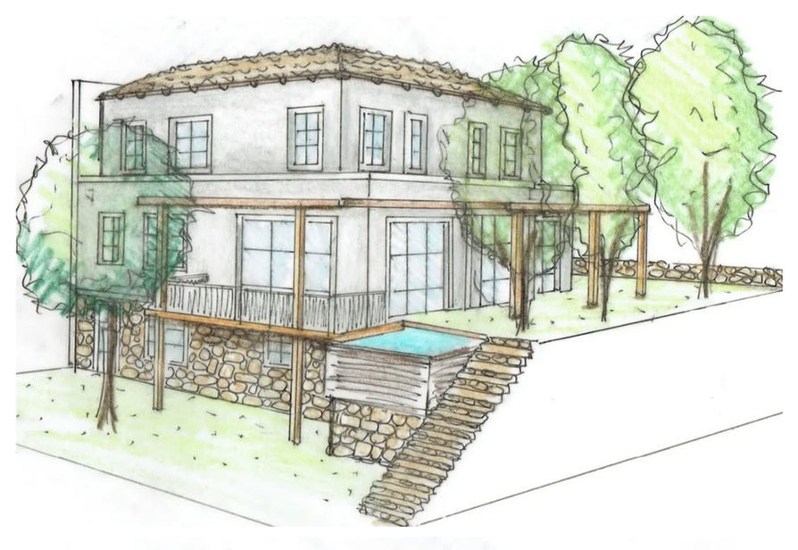 שרטוט אדריכלי של בית דו קומתי עם בריכה וצמחייה מסביב.