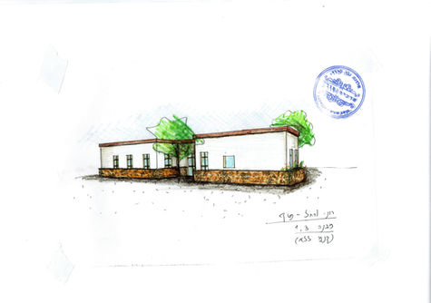 סקיצה של בניין עם טקסט, חותמת כחולה וסקיצות ידניות.