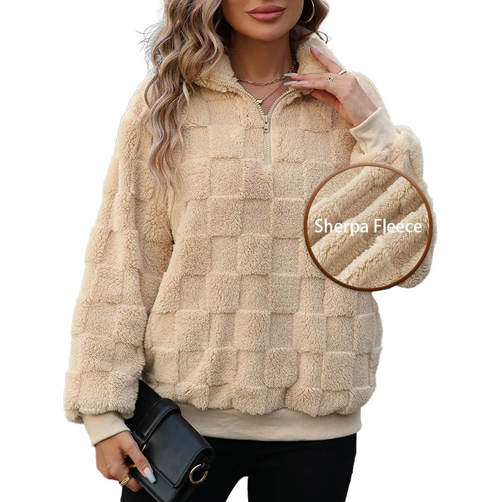 Beige Sherpa Fleece Quarter Zip Pullover Jacket - Cozy Checkered PlushSweatshirT