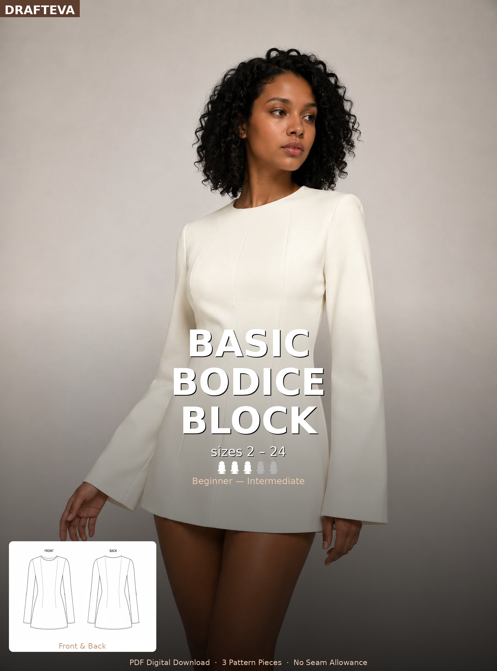 Basic Bodice Block PDF Sewing Pattern, Sizes 2–24
