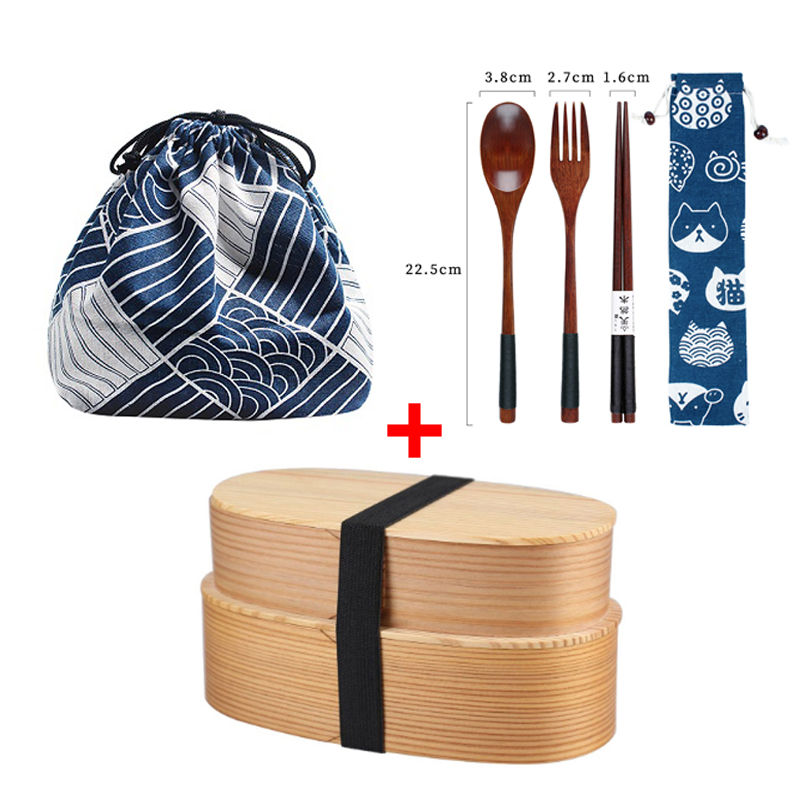 Thumbnail: Wooden Lunch Box Picnic Japanese Bento Box for School Kids Dinnerware Set with B