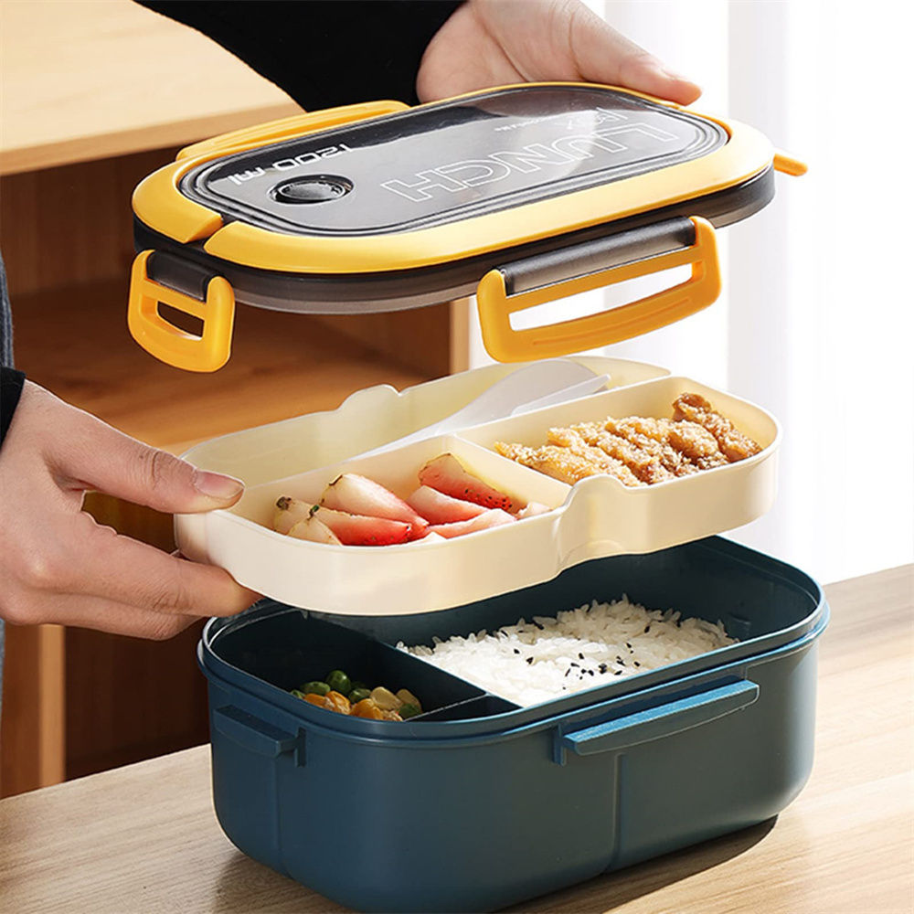 1200ml Lunch Box Bouble-layer Bento Lunch Box With Spoon Fork Portable Kid Bento