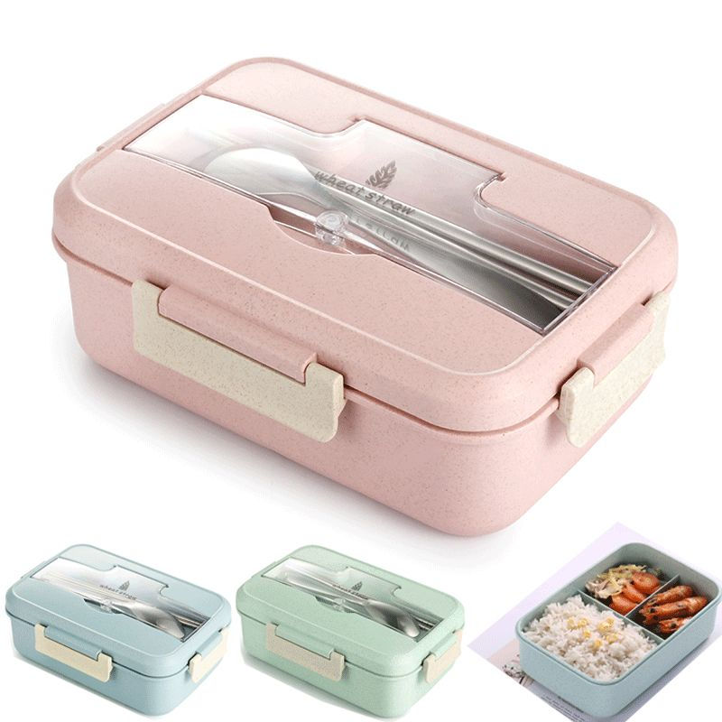 Thumbnail: Hot Lunch Box with Spoon Chopsticks Wheat Straw Dinnerware Food Storage Containe