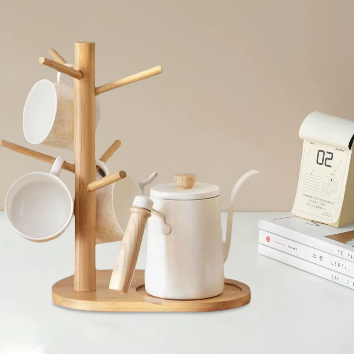 Coffee Mug Tree Mug Rack with 3/6 Hooks,Wooden Mug Holder Non-Slip Kitchen Organ