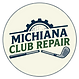 Circular logo with words "Michiana Club Repair" with a gear above the word Michiana and a broken golf club below the logo.