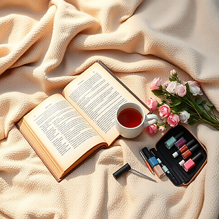 Here is the image of your cozy picnic setup featuring a vintage book, a cup of tea, a small bouquet of flowers, and a neatly organized nail kit. Enjoy the aesthetic!.jpeg