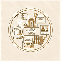 Annual company secretarial service covering HMRC agent authorisation, registered office, director ID verification, confirmati