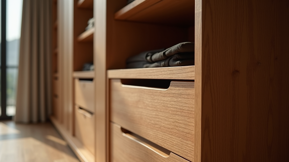 Close-up view of a custom wooden almirah with multiple compartments