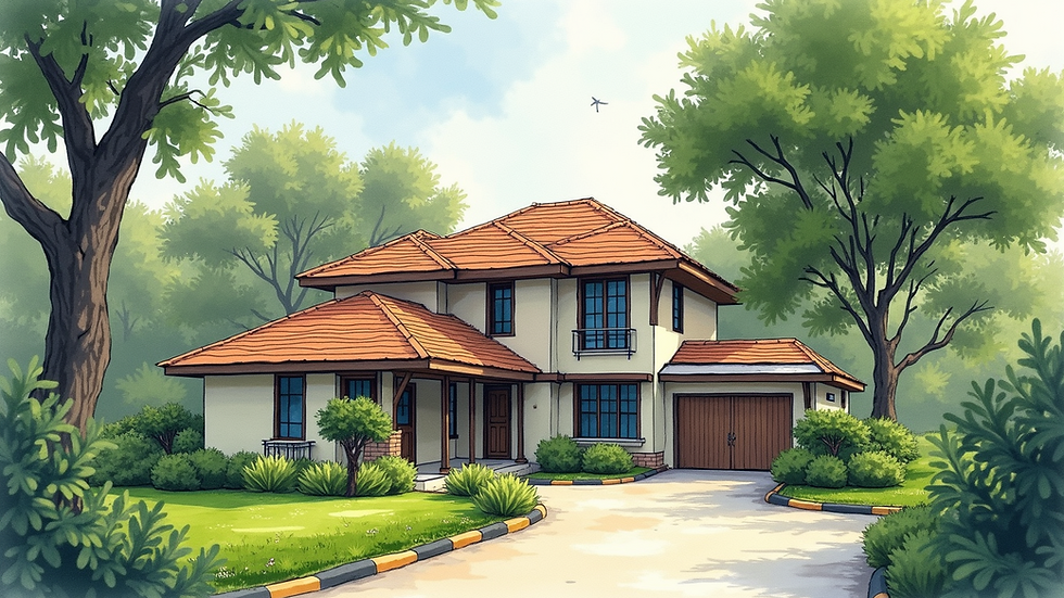 Eye-level view of a watercolor depiction of a Gurgaon house with lush greenery