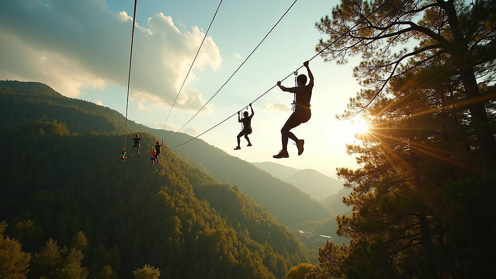 Wide angle view of adventurous zip-lining over treetops