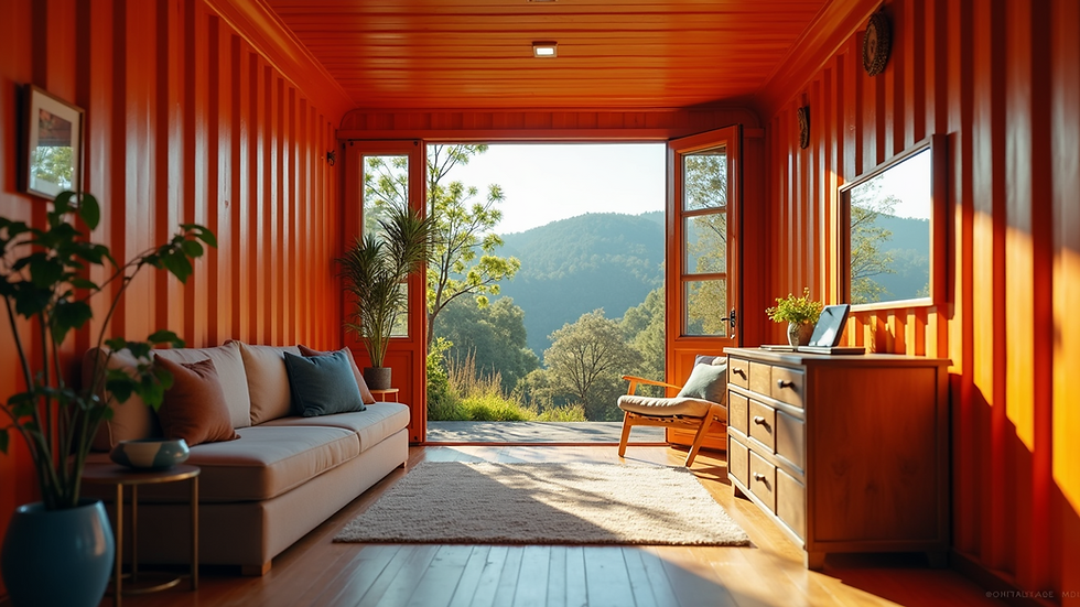 Eye-level view of a colorful shipping container creating a cozy room