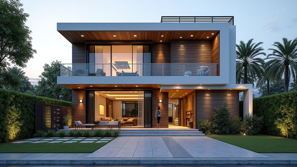 Wide angle view of luxury villa with landscaped garden in Gurgaon