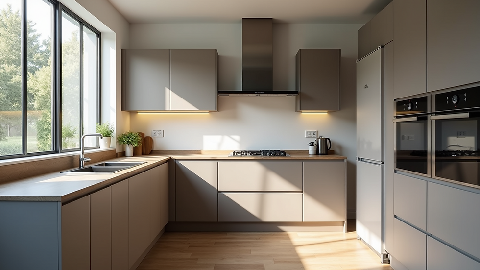 Eye-level view of a modern modular kitchen with matte finish cabinets