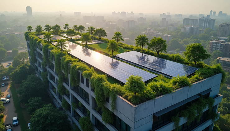 High angle view of a sustainable commercial building designed by registered architects in Gurgaon