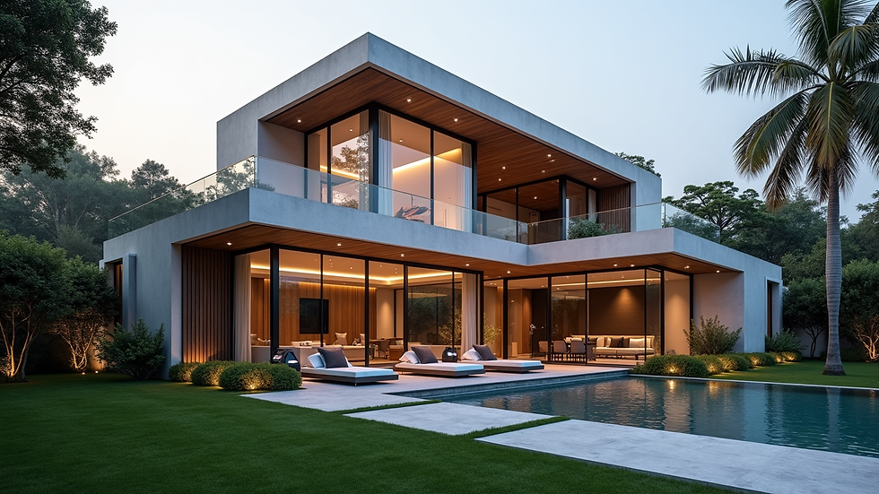 Wide angle view of a modern luxury villa exterior in Gurgaon