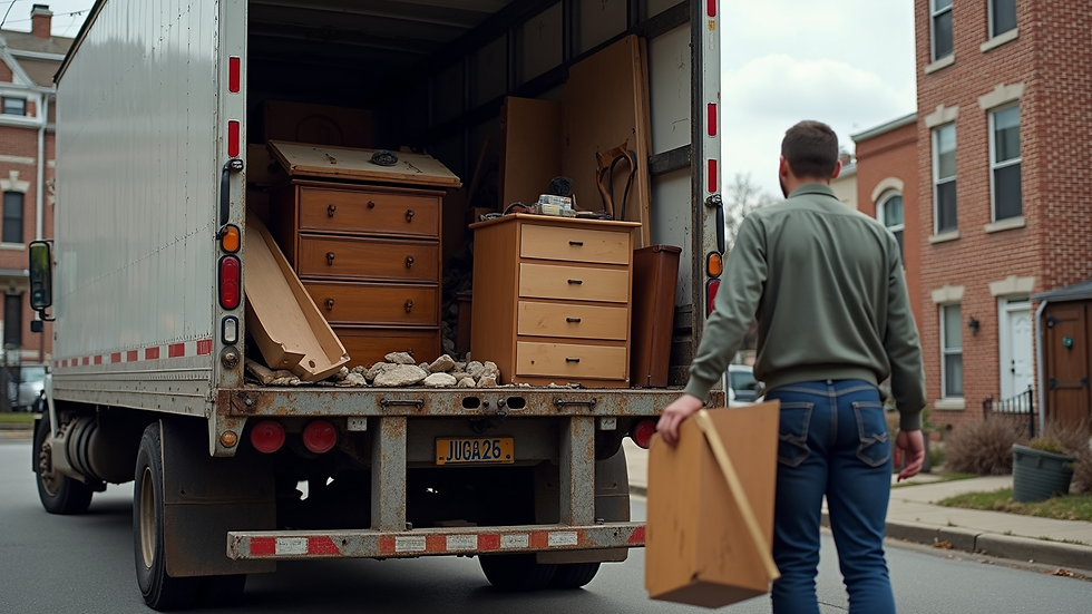 Close-up view of a junk removal truck being loaded with old furniture in Baltimore