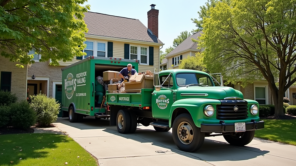 Wide angle view of a Baltimore residential driveway with junk being loaded into a Horton’s Hauling truck