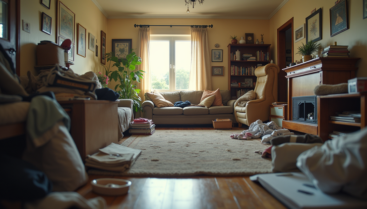 Eye-level view of a cluttered living room filled with piles of assorted household items